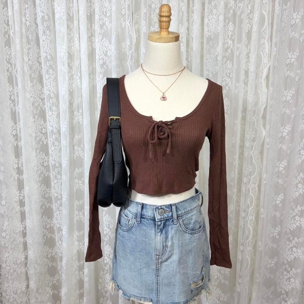 Pacsun L.A. Hearts Brown Ribbed Long Sleeve Top Women's XS Cropped Preppy Tie